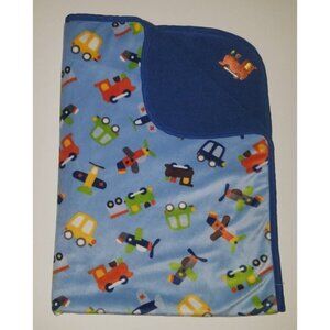 Tiddliwinks Blue Fleece Baby Blanket Lovey Trains Airplanes Cars Vehicles 30x40